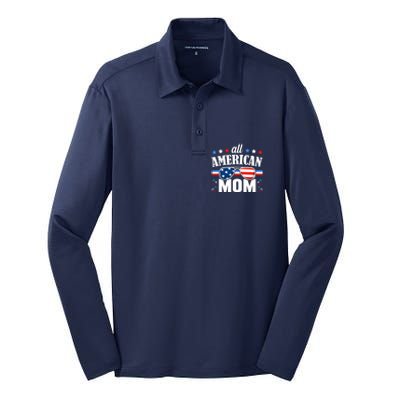 All American Mom 4th of July USA Family Matching Outfit Silk Touch Performance Long Sleeve Polo