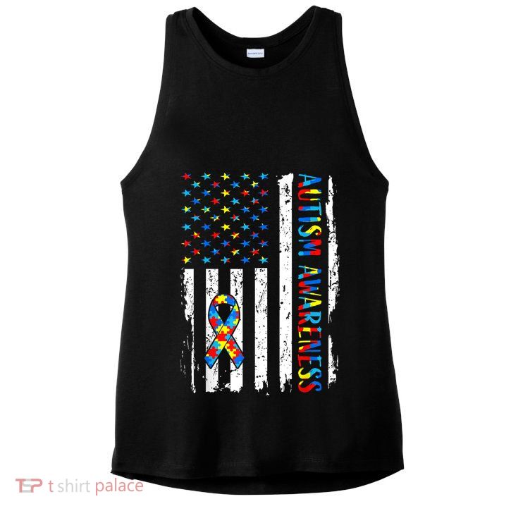 Autism Awareness Mom Dad USA flag Autistic Awareness Autism Ladies PosiCharge Tri-Blend Wicking Tank