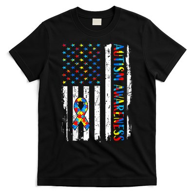 Autism Awareness Mom Dad USA flag Autistic Awareness Autism T-Shirt