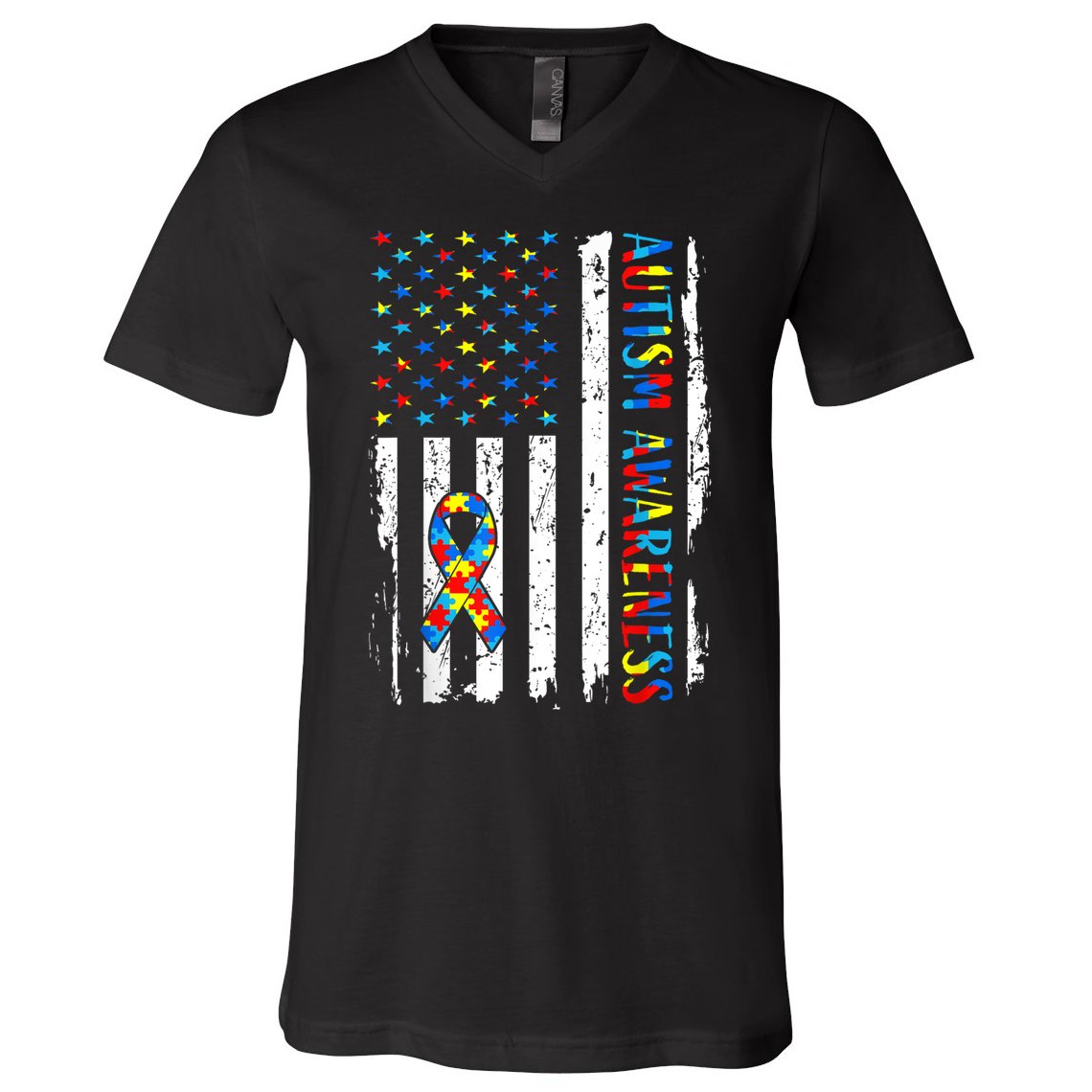 Autism Awareness Mom Dad USA flag Autistic Awareness Autism V-Neck T-Shirt