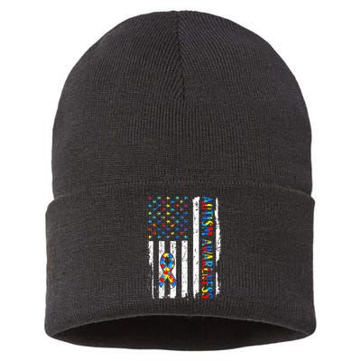 Autism Awareness Mom Dad USA flag Autistic Awareness Autism Sustainable Knit Beanie