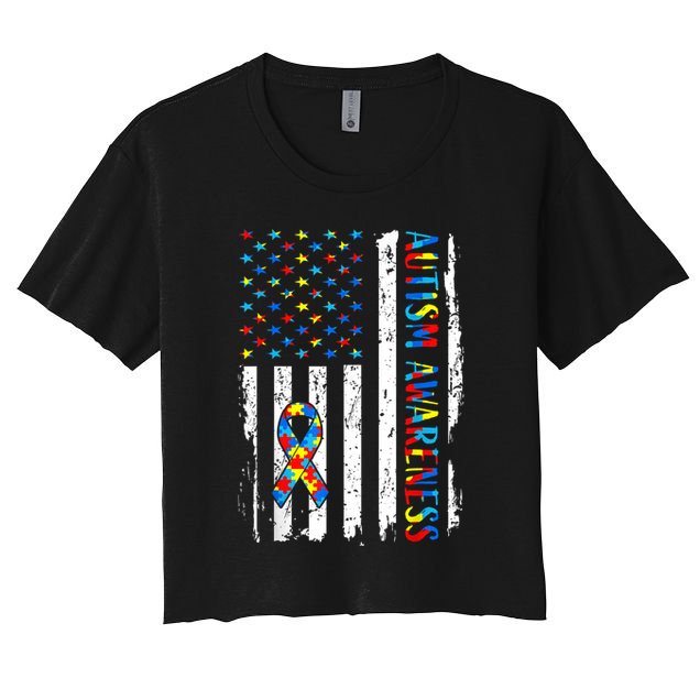 Autism Awareness Mom Dad USA flag Autistic Awareness Autism Women's Crop Top Tee