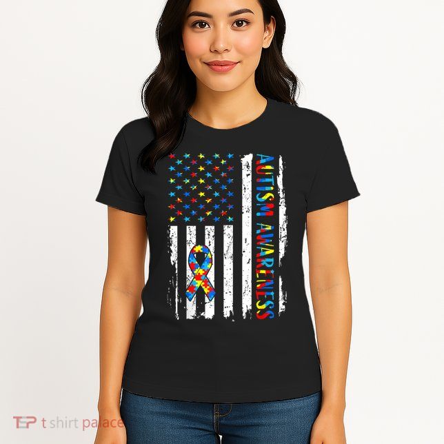 Autism Awareness Mom Dad USA flag Autistic Awareness Autism Womens T-Shirt