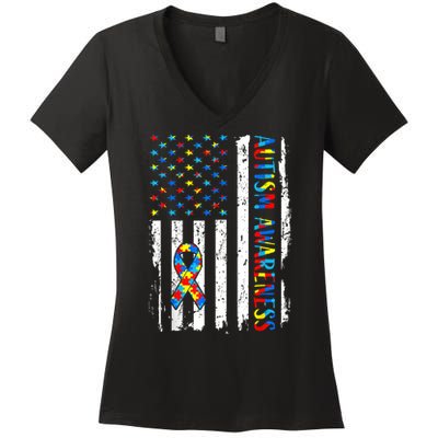 Autism Awareness Mom Dad USA flag Autistic Awareness Autism Women's V-Neck T-Shirt