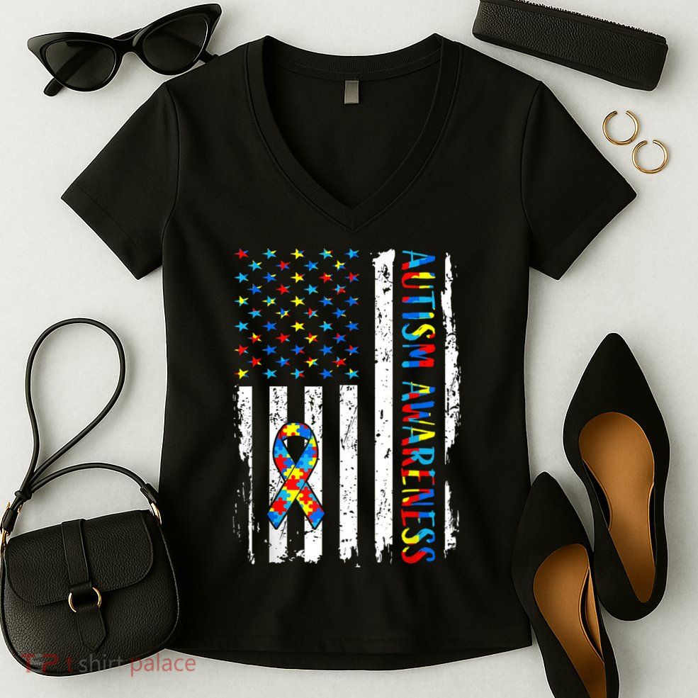 Autism Awareness Mom Dad USA flag Autistic Awareness Autism Women's V-Neck T-Shirt
