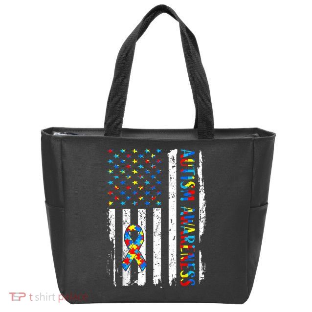Autism Awareness Mom Dad USA flag Autistic Awareness Autism Zip Tote Bag
