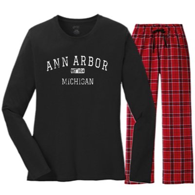 Ann Arbor Michigan MI Vintage Women's Long Sleeve Flannel Pajama Set 