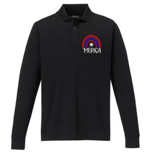 American America `Merica Rainbow Flag Patriotic 4th Of July Great Gift Performance Long Sleeve Polo