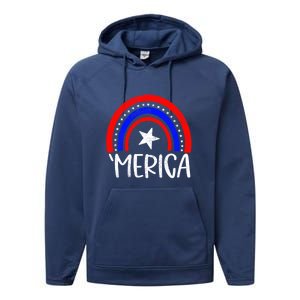 American America `Merica Rainbow Flag Patriotic 4th Of July Great Gift Performance Fleece Hoodie