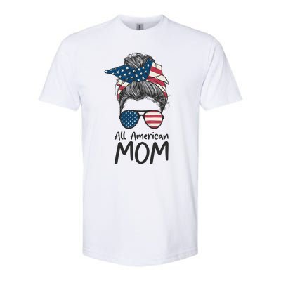 All American Mom 4th Of July Mothers Day Messy Bun Softstyle® CVC T-Shirt