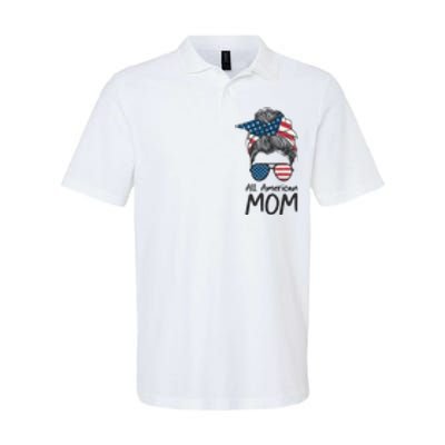 All American Mom 4th Of July Mothers Day Messy Bun Softstyle Adult Sport Polo