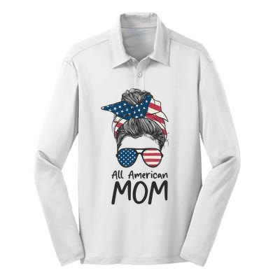 All American Mom 4th Of July Mothers Day Messy Bun Silk Touch Performance Long Sleeve Polo