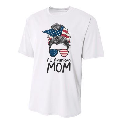 All American Mom 4th Of July Mothers Day Messy Bun Performance Sprint T-Shirt