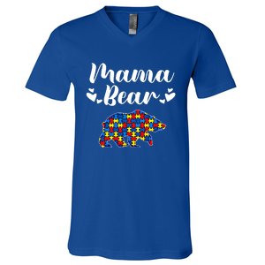 Autism Awareness Mama Bear Puzzle Piece Autistic Mom Gift Cool Gift V-Neck T-Shirt