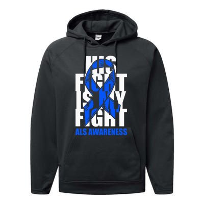 ALS Awareness Month Blue Ribbon His Fight May Support Performance Fleece Hoodie