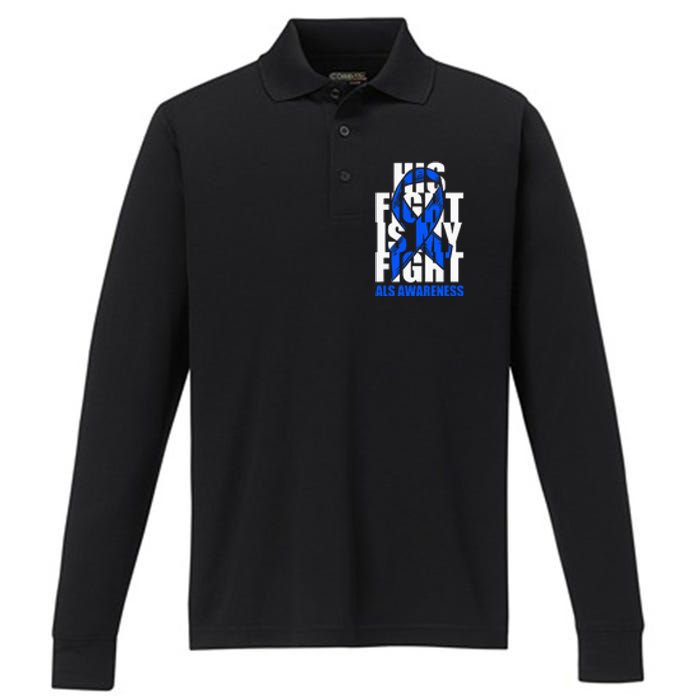 ALS Awareness Month Blue Ribbon His Fight May Support Performance Long Sleeve Polo