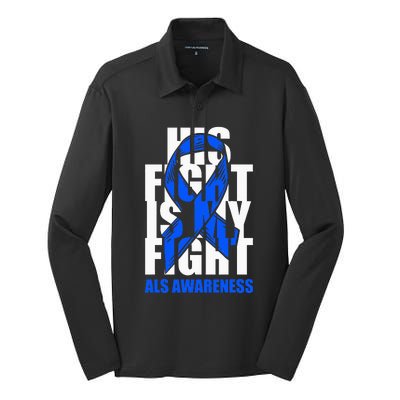 ALS Awareness Month Blue Ribbon His Fight May Support Silk Touch Performance Long Sleeve Polo