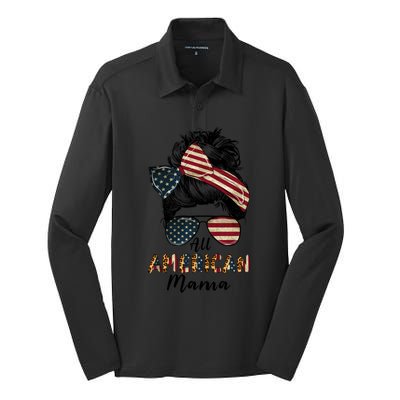 All American Mama Messy Bun Matching Family 4th Of July Mom Gift Silk Touch Performance Long Sleeve Polo