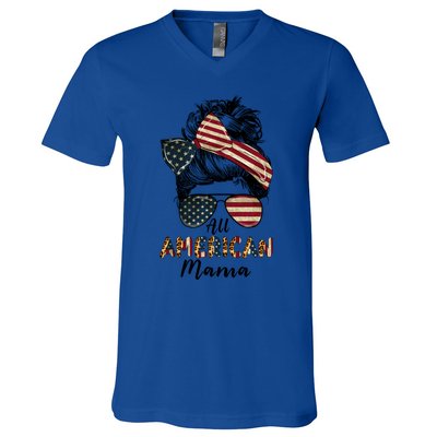 All American Mama Messy Bun Matching Family 4th Of July Mom Gift V-Neck T-Shirt