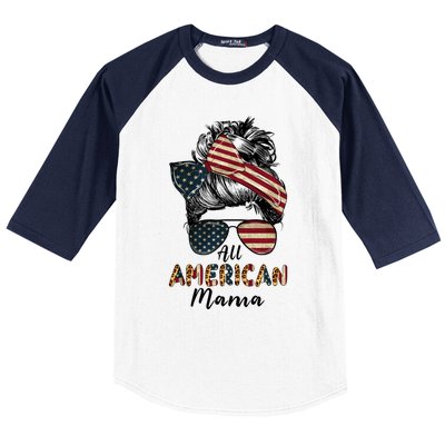 All American Mama Messy Bun Matching Family 4th Of July Mom Gift Baseball Sleeve Shirt