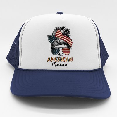 All American Mama Messy Bun Matching Family 4th Of July Mom Gift Trucker Hat