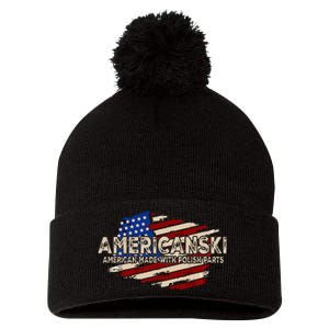 Americanski American Made With Polish Parts USA Flag Pom Pom 12in Knit Beanie