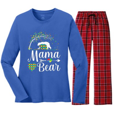 Autism Awareness Mama And Bear Support Autistic Autism Mom Women's Long Sleeve Flannel Pajama Set 