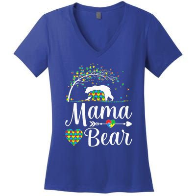 Autism Awareness Mama And Bear Support Autistic Autism Mom Women's V-Neck T-Shirt