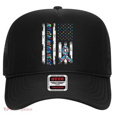 Autism Awareness Mom Dad USA flag Autistic Awareness Autism High Crown Mesh Back Trucker Hat