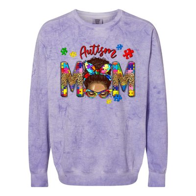 Autism Awareness Mom Autism Messy Bun Melanin Colorblast Crewneck Sweatshirt