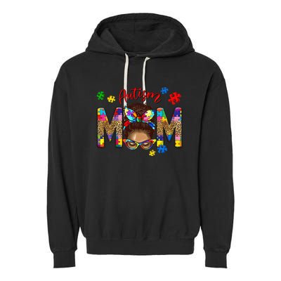 Autism Awareness Mom Autism Messy Bun Melanin Garment-Dyed Fleece Hoodie