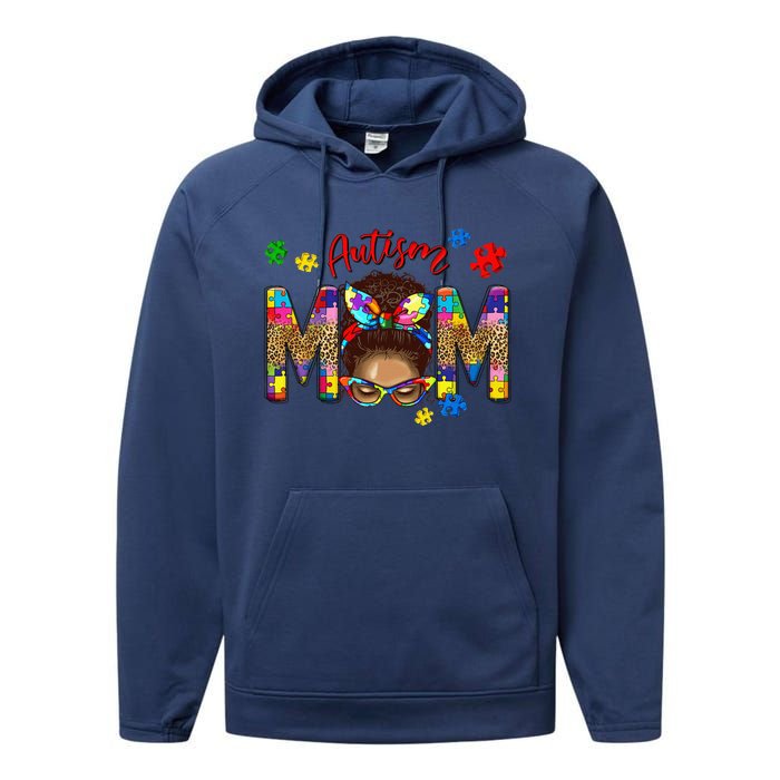 Autism Awareness Mom Autism Messy Bun Melanin Performance Fleece Hoodie