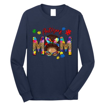 Autism Awareness Mom Autism Messy Bun Melanin Long Sleeve Shirt