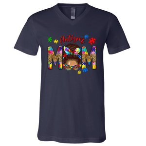 Autism Awareness Mom Autism Messy Bun Melanin V-Neck T-Shirt