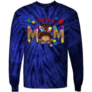 Autism Awareness Mom Autism Messy Bun Melanin Tie-Dye Long Sleeve Shirt