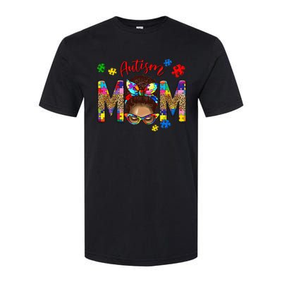 Autism Awareness Mom Autism Messy Bun Melanin Softstyle CVC T-Shirt