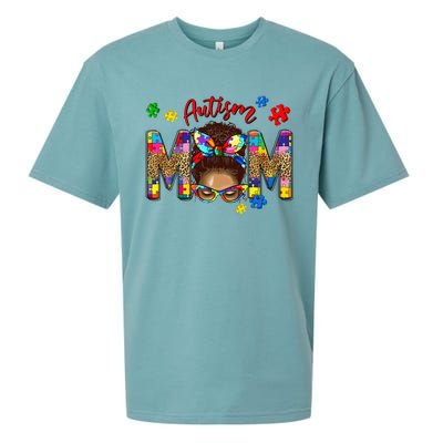 Autism Awareness Mom Autism Messy Bun Melanin Sueded Cloud Jersey T-Shirt