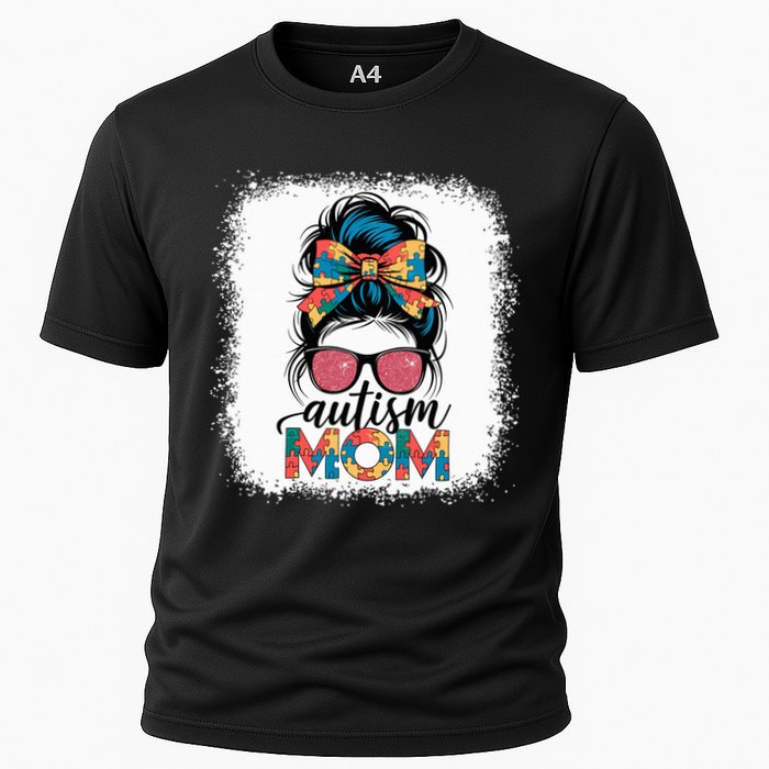 Autism Awareness Messy Bun Autism Mom Coquette Bow Puzzle Cooling Performance Crew T-Shirt