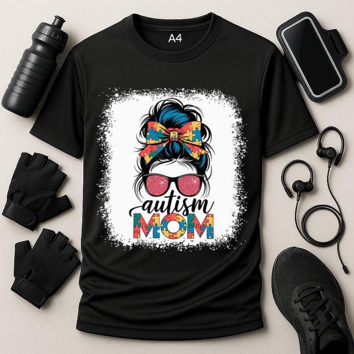 Autism Awareness Messy Bun Autism Mom Coquette Bow Puzzle Cooling Performance Crew T-Shirt