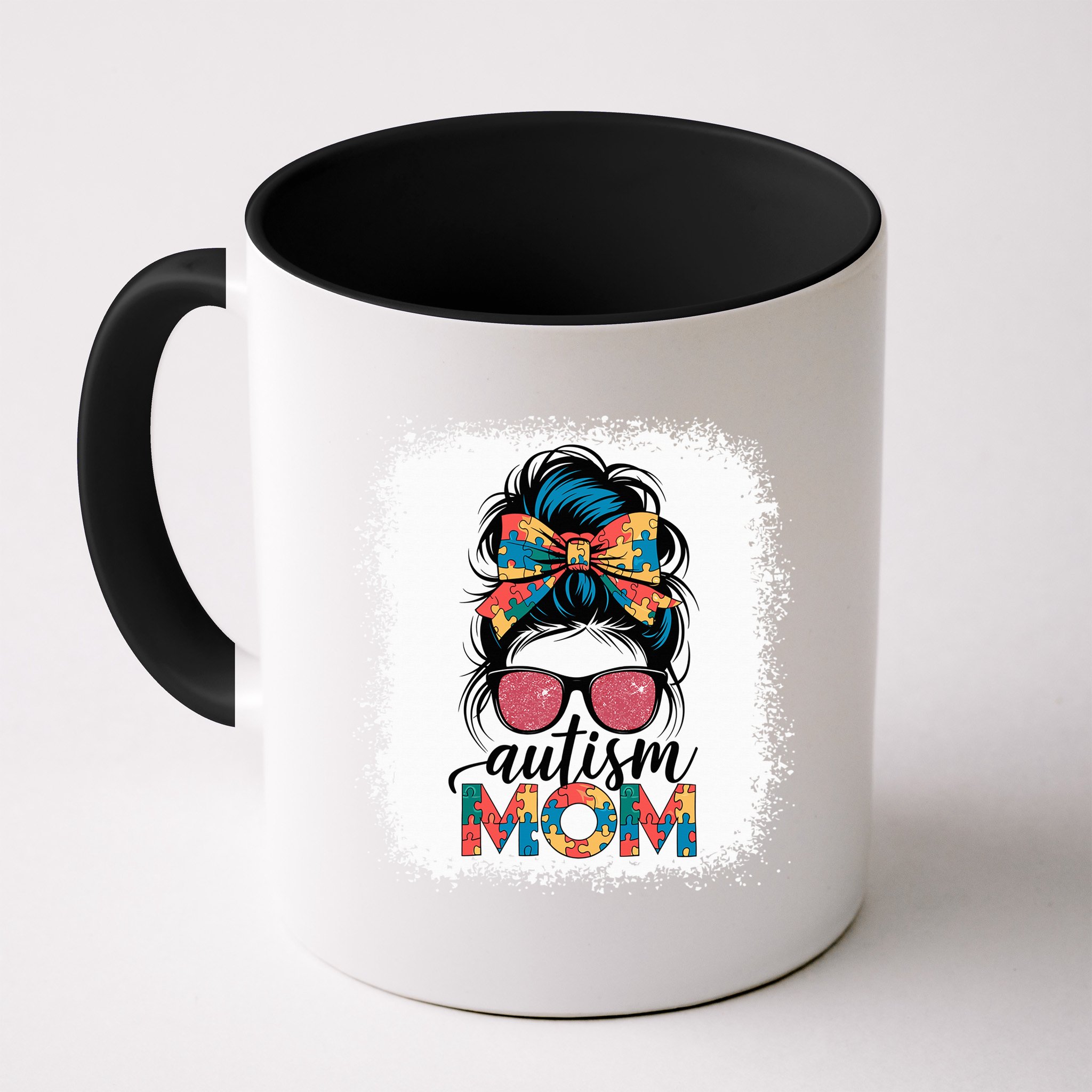 Autism Awareness Messy Bun Autism Mom Coquette Bow Puzzle Mug