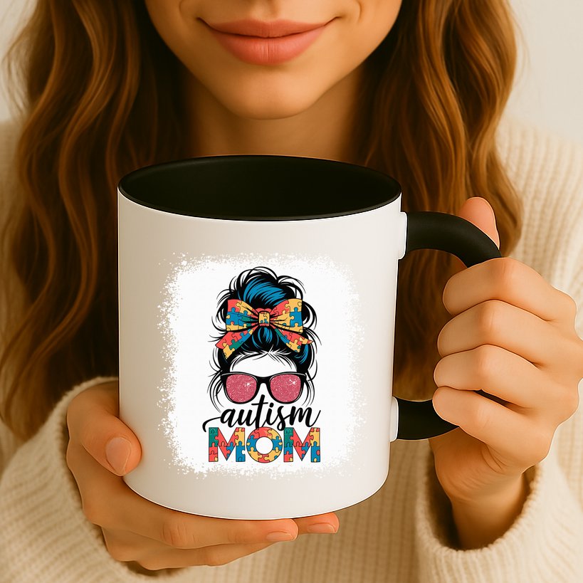 Autism Awareness Messy Bun Autism Mom Coquette Bow Puzzle Mug