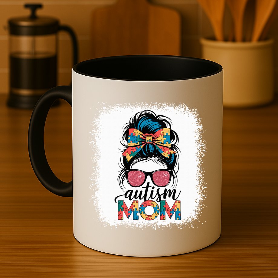 Autism Awareness Messy Bun Autism Mom Coquette Bow Puzzle Mug