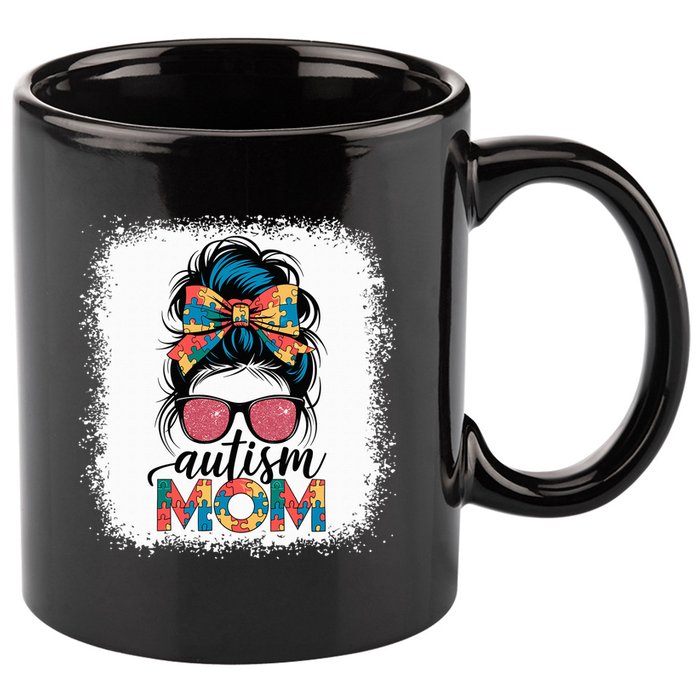 Autism Awareness Messy Bun Autism Mom Coquette Bow Puzzle 11oz C Handle Ceramic Mug