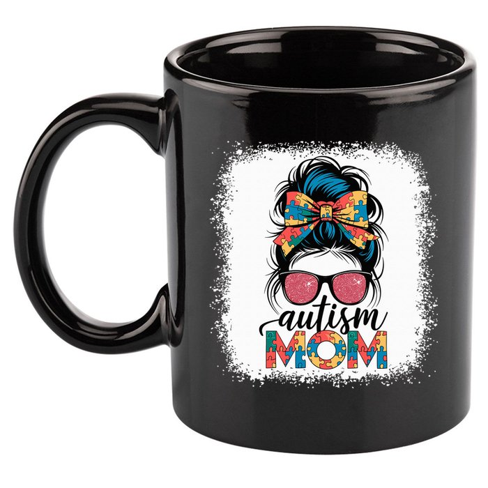 Autism Awareness Messy Bun Autism Mom Coquette Bow Puzzle 11oz C Handle Ceramic Mug