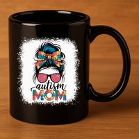 Autism Awareness Messy Bun Autism Mom Coquette Bow Puzzle 11oz C Handle Ceramic Mug