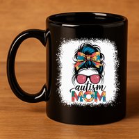 Autism Awareness Messy Bun Autism Mom Coquette Bow Puzzle 11oz C Handle Ceramic Mug