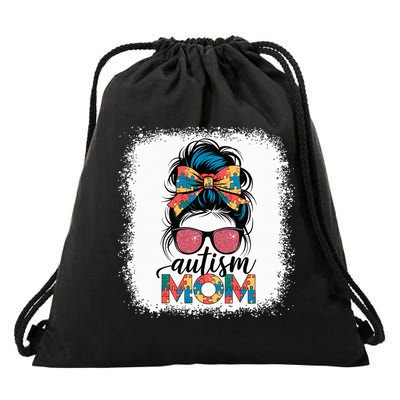 Autism Awareness Messy Bun Autism Mom Coquette Bow Puzzle Drawstring Bag