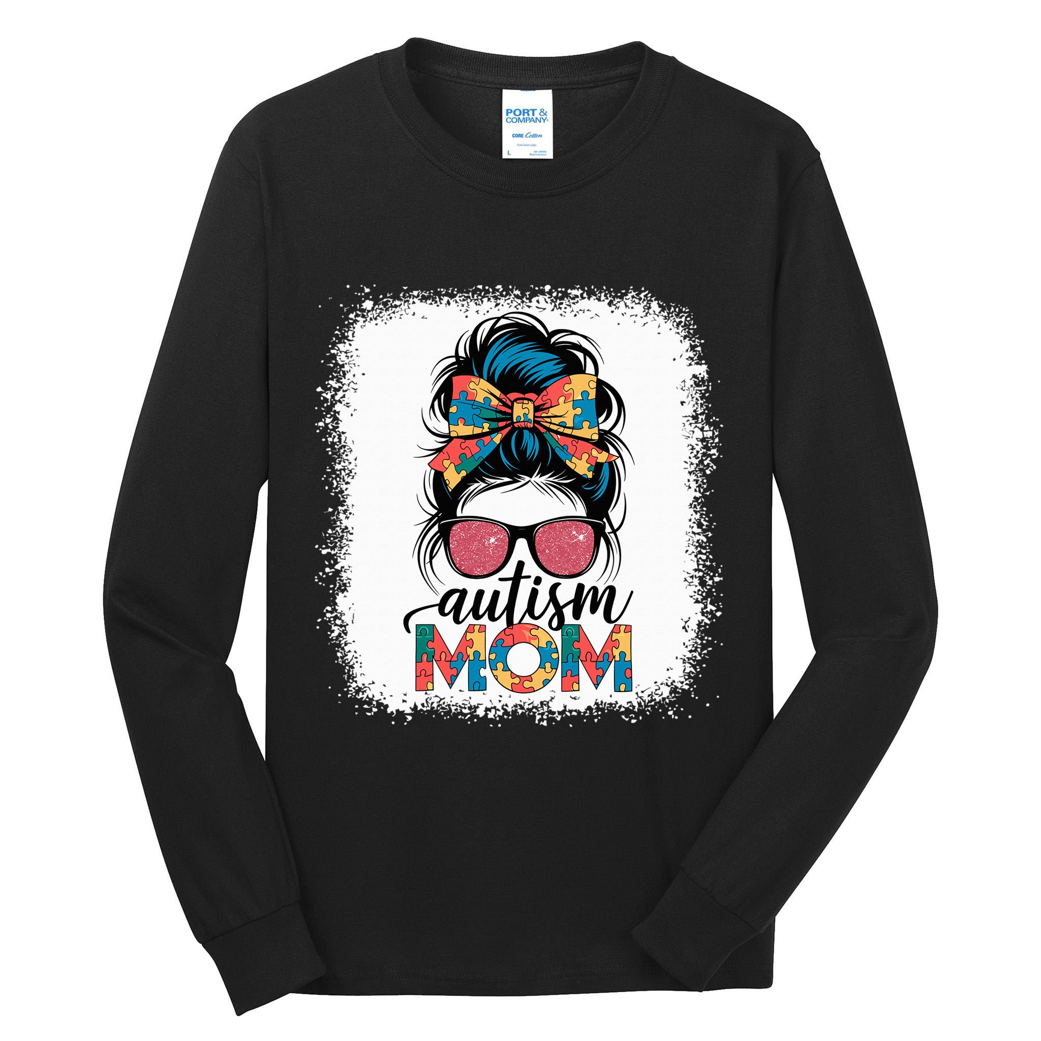 Autism Awareness Messy Bun Autism Mom Coquette Bow Puzzle Tall Long Sleeve T-Shirt