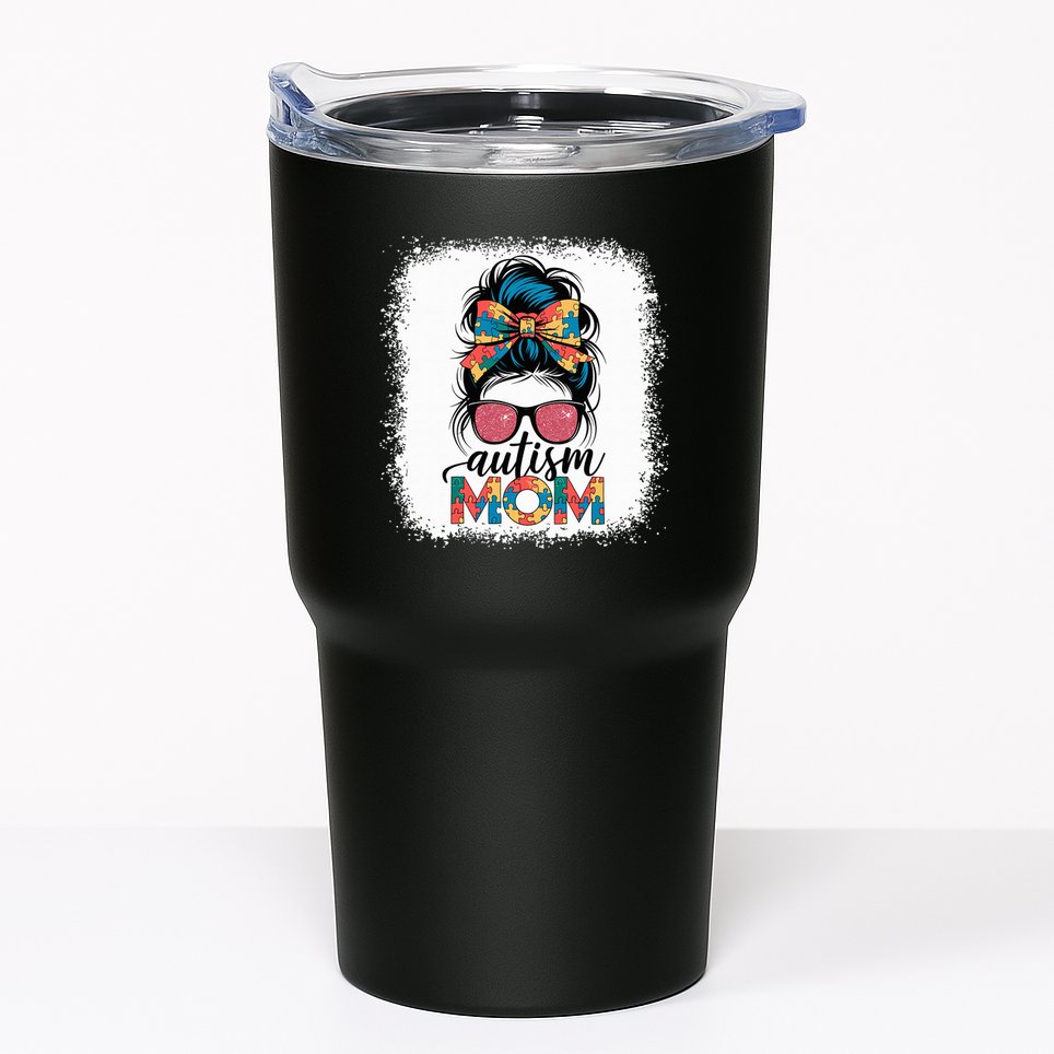 Autism Awareness Messy Bun Autism Mom Coquette Bow Puzzle Tumbler