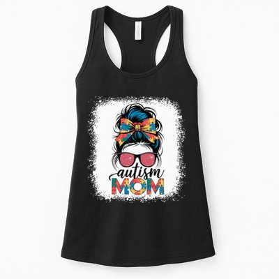 Autism Awareness Messy Bun Autism Mom Coquette Bow Puzzle Womens Tank Top